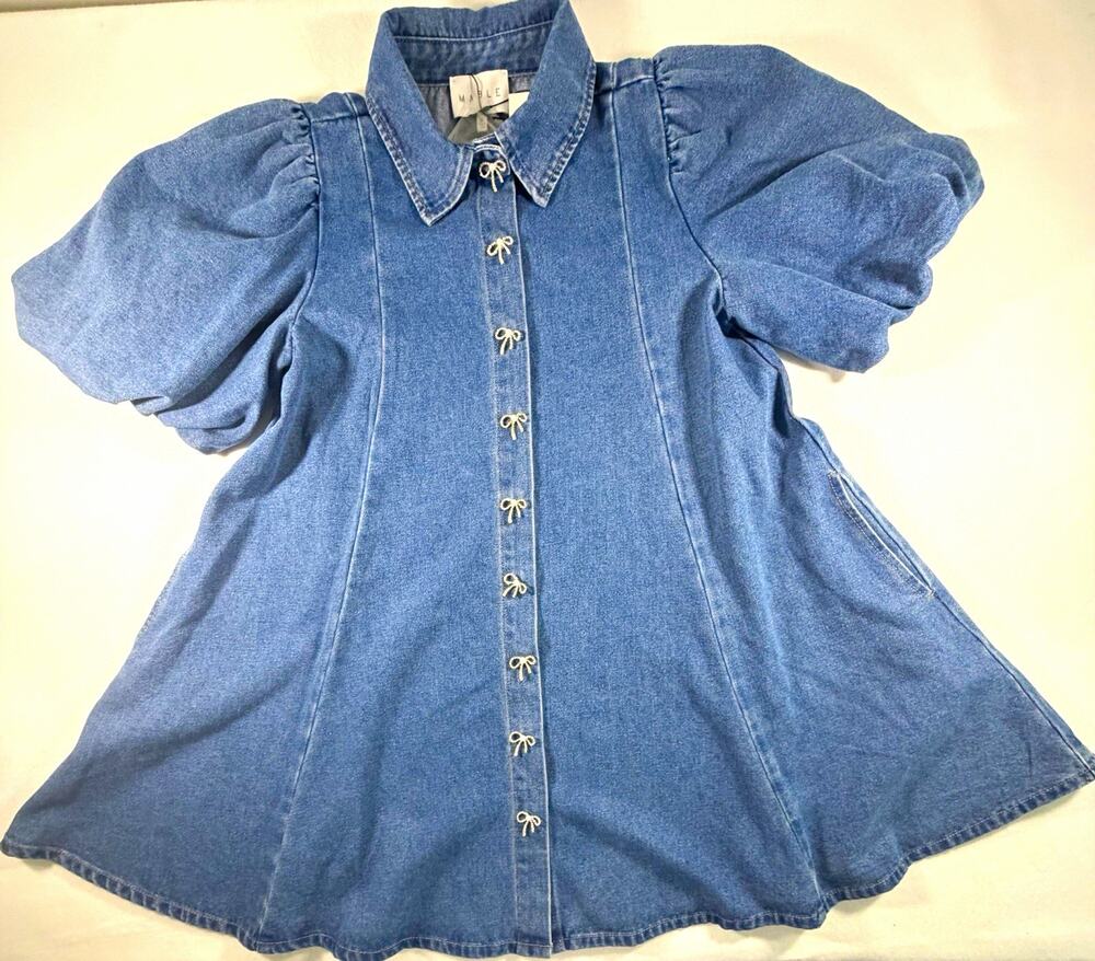 MABLE Womenโs Small Denim Mini Dress Puff Sleeve Rhinestone Bow Button NWT